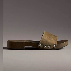 New Anthropologie Bibi Lou Wood Bottom Slides Khaki Green Size 41 10-10.5